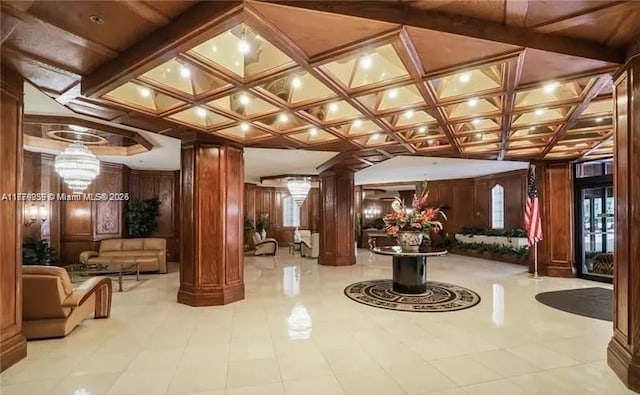 1865 S Ocean Dr Unit 3F, Hallandale Beach, FL 33009 - building lobby featuring coffered ceiling, wood walls, and beamed ceiling