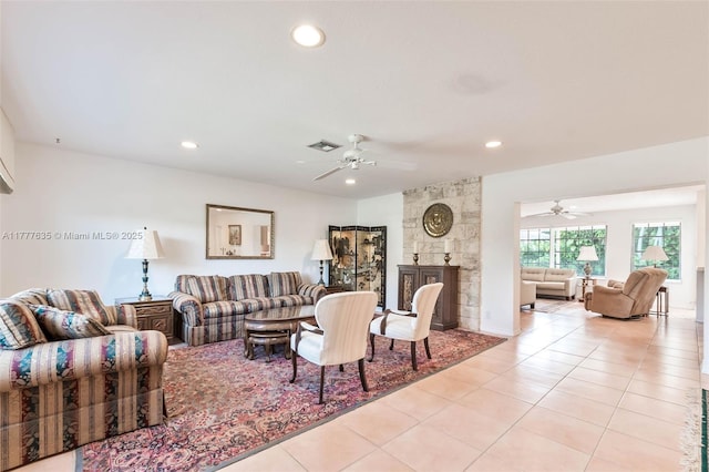 13925 SW 74th Ave, Palmetto Bay, FL 33158 - living room featuring ceiling fan, visible vents, and light tile patterned floors