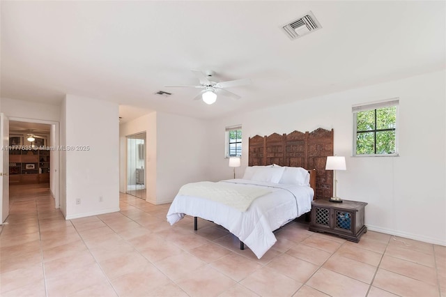 13925 SW 74th Ave, Palmetto Bay, FL 33158 - bedroom with visible vents, baseboards, a ceiling fan, and light tile patterned floors