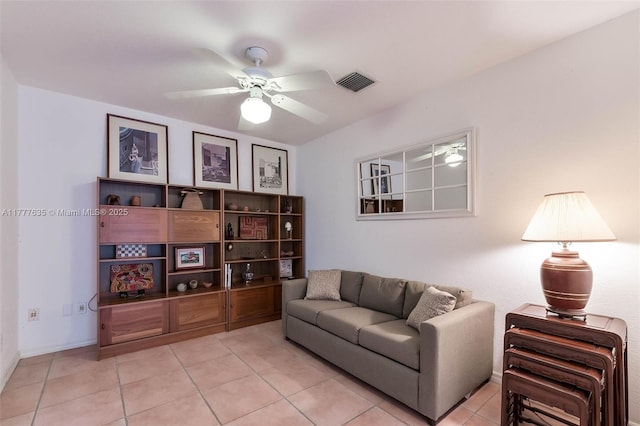 13925 SW 74th Ave, Palmetto Bay, FL 33158 - living room featuring light tile patterned floors, visible vents, baseboards, and a ceiling fan