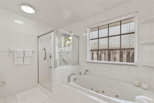13925 SW 74th Ave, Palmetto Bay, FL 33158 - full bathroom with a jetted tub, tile walls, and a stall shower
