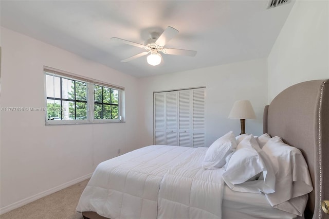 13925 SW 74th Ave, Palmetto Bay, FL 33158 - bedroom featuring carpet, a closet, a ceiling fan, visible vents, and baseboards