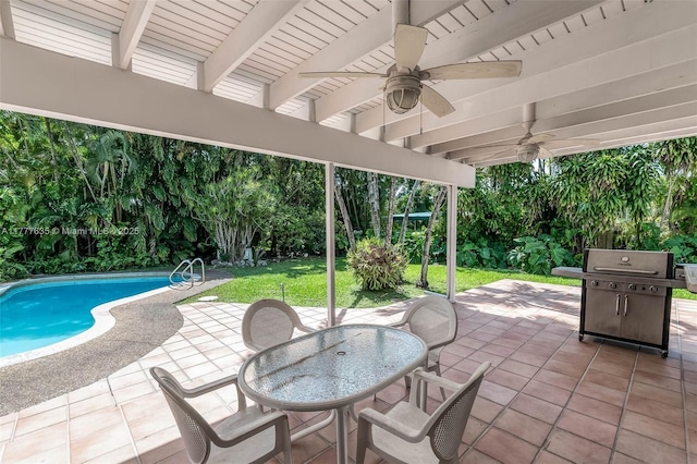 13925 SW 74th Ave, Palmetto Bay, FL 33158 - view of patio featuring a grill, an outdoor pool, outdoor dining area, and a ceiling fan