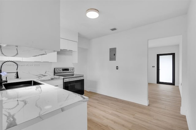 kitchen featuring white cabinets, modern cabinets, stainless steel range with electric cooktop, light wood finished floors, and a sink