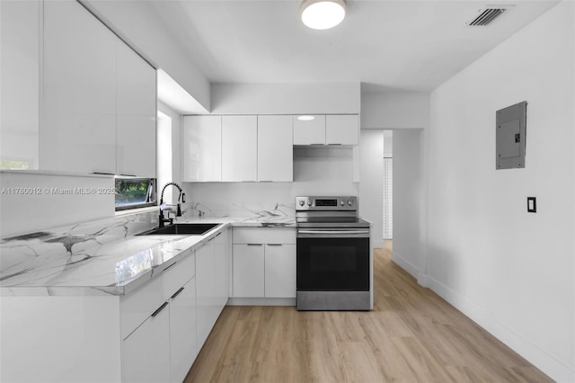 kitchen with stainless steel electric stove, modern cabinets, visible vents, electric panel, and a sink