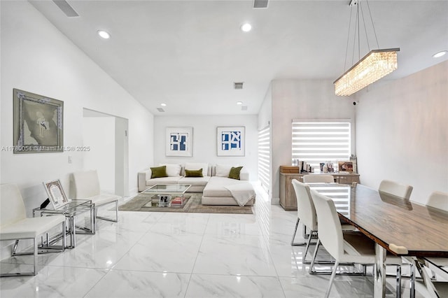 dining area featuring recessed lighting, visible vents, and marble finish floor