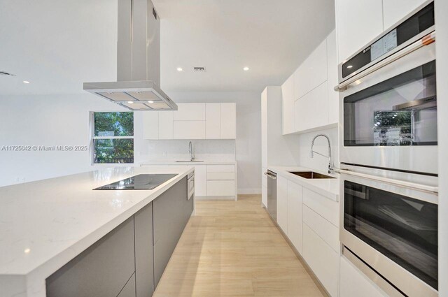 3527 Forest View Cir, Dania Beach, FL 33312 - kitchen with light wood finished floors, a sink, island range hood, modern cabinets, and appliances with stainless steel finishes