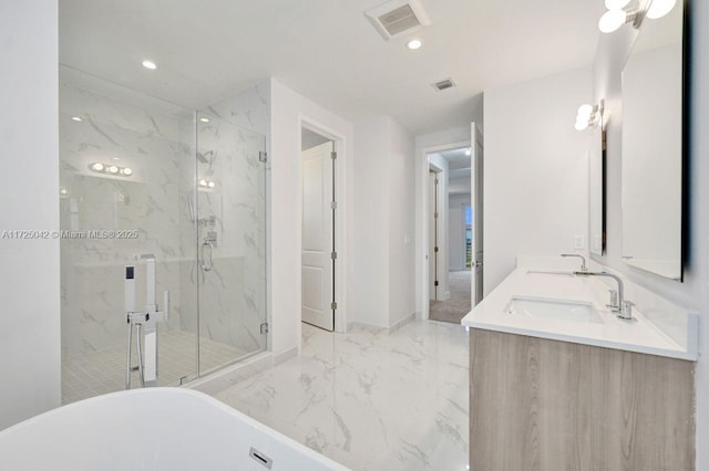 3527 Forest View Cir, Dania Beach, FL 33312 - bathroom with marble finish floor, a marble finish shower, visible vents, and recessed lighting