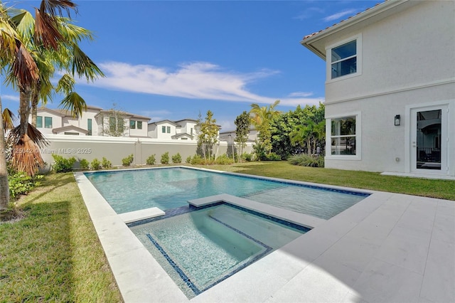 3527 Forest View Cir, Dania Beach, FL 33312 - view of swimming pool featuring a fenced backyard, a patio area, a yard, and a pool with connected hot tub