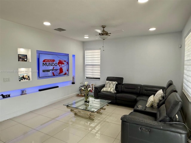10060 NW 86th Ter, Doral, FL 33178 - living room featuring recessed lighting, tile patterned floors, visible vents, and ceiling fan