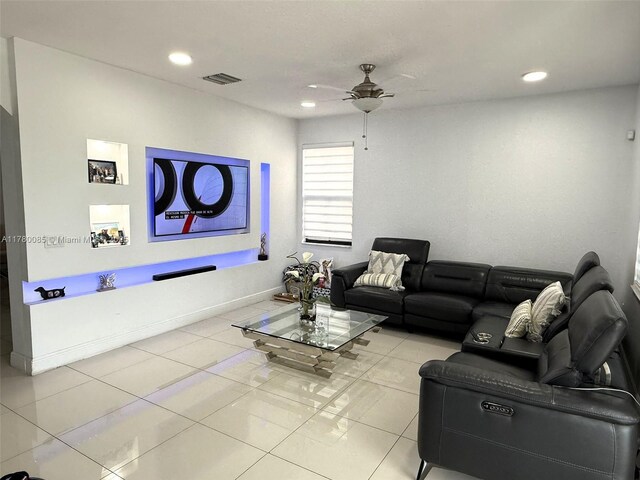 10060 NW 86th Ter, Doral, FL 33178 - living area featuring a ceiling fan, light tile patterned floors, and recessed lighting
