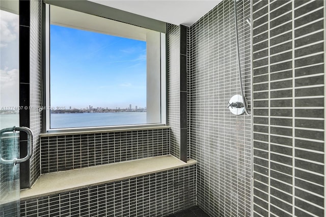 full bath with tiled shower and a water view