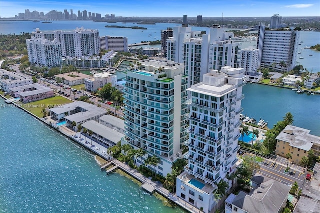 aerial view with a water view and a view of city