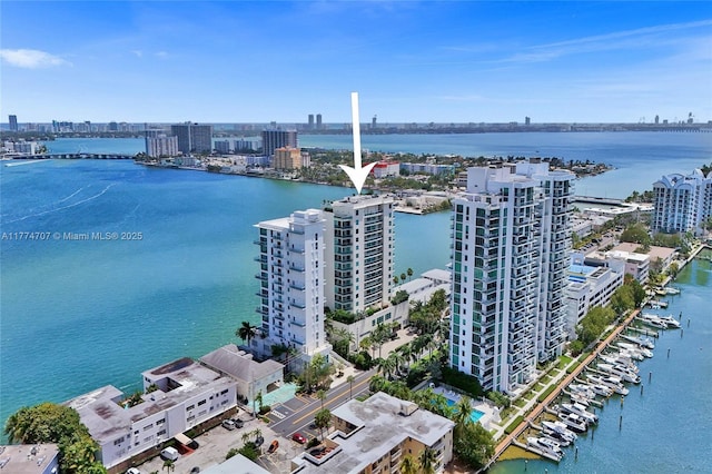 aerial view featuring a view of city and a water view