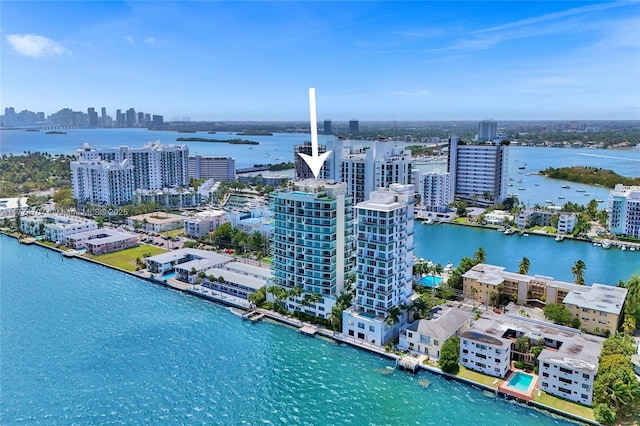 drone / aerial view with a city view and a water view