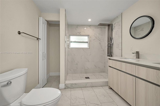 411 NE 58th Ct, Oakland Park, FL 33334 - bathroom featuring toilet, a marble finish shower, baseboards, marble finish floor, and vanity