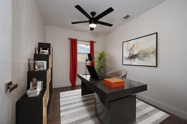 411 NE 58th Ct, Oakland Park, FL 33334 - office area featuring visible vents, baseboards, a ceiling fan, and dark wood-type flooring