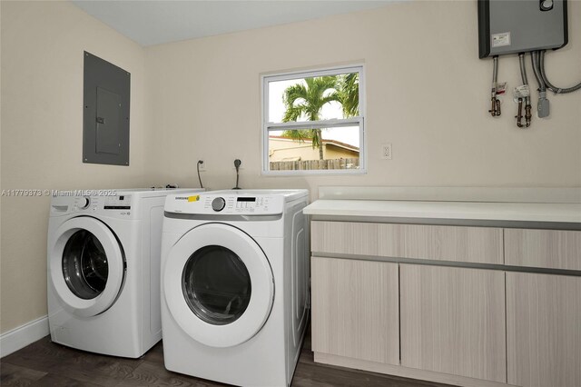 411 NE 58th Ct, Oakland Park, FL 33334 - laundry room with electric panel, laundry area, washing machine and dryer, and dark wood-style floors