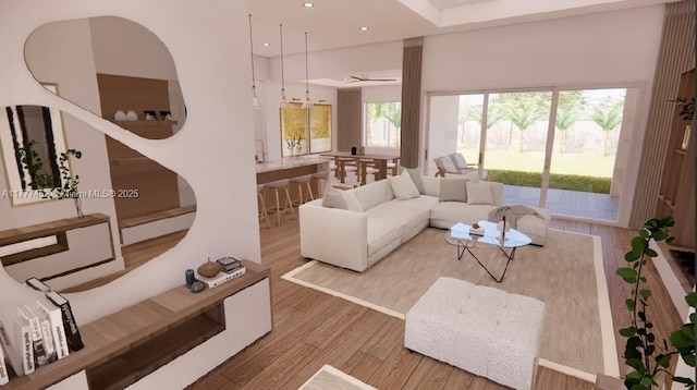 living room with recessed lighting and wood finished floors