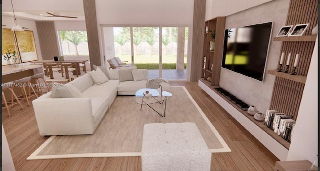 living area featuring a tray ceiling, a ceiling fan, and wood finished floors
