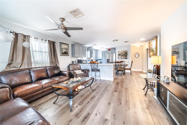 5715 Garfield St, Hollywood, FL 33021 - living area featuring visible vents, ceiling fan, light wood finished floors, and baseboards