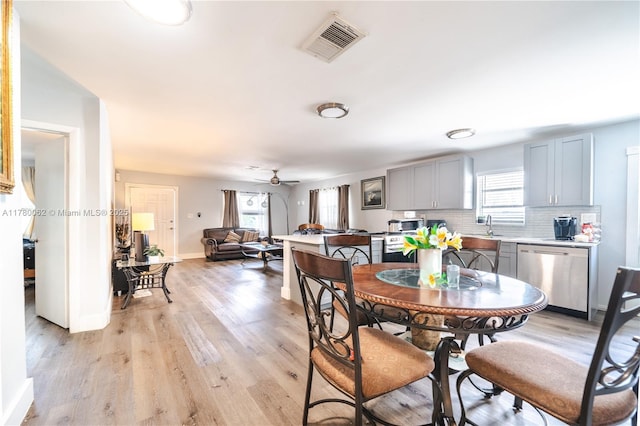 5715 Garfield St, Hollywood, FL 33021 - dining area featuring light wood-style flooring, ceiling fan, baseboards, and visible vents