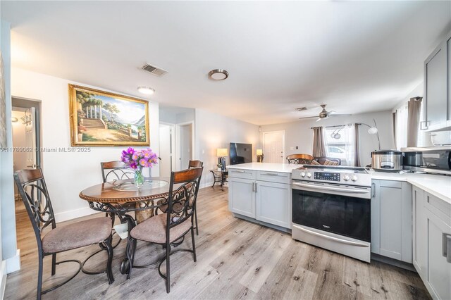 5715 Garfield St, Hollywood, FL 33021 - kitchen featuring gray cabinetry, a peninsula, light wood-type flooring, and appliances with stainless steel finishes