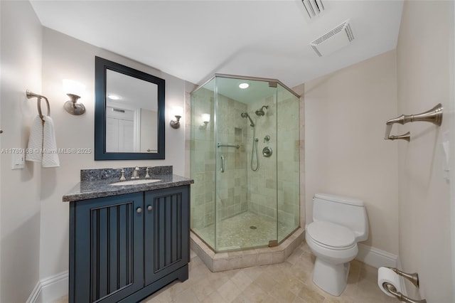 bathroom featuring a shower stall, visible vents, toilet, and baseboards