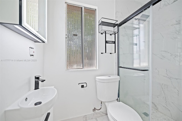 721 NW 6th St, Hallandale Beach, FL 33009 - bathroom featuring a marble finish shower, toilet, and marble finish floor
