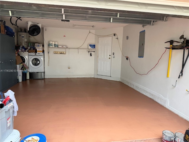 garage with electric water heater, electric panel, baseboards, and washer and clothes dryer