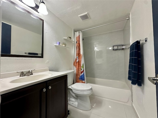 full bath featuring visible vents, toilet, shower / tub combo with curtain, vanity, and tile patterned floors