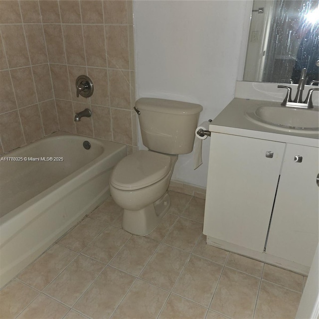 full bath with toilet, vanity, shower / tub combination, and tile patterned flooring