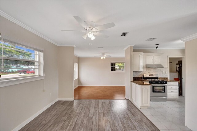 16395 SW 279th St, Homestead, FL 33031 - kitchen featuring gas stove, under cabinet range hood, a ceiling fan, backsplash, and ornamental molding