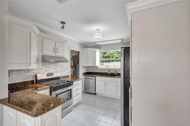 16395 SW 279th St, Homestead, FL 33031 - kitchen with appliances with stainless steel finishes, under cabinet range hood, a sink, decorative backsplash, and white cabinets
