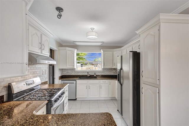 16395 SW 279th St, Homestead, FL 33031 - kitchen with stainless steel appliances, ventilation hood, a sink, white cabinetry, and backsplash