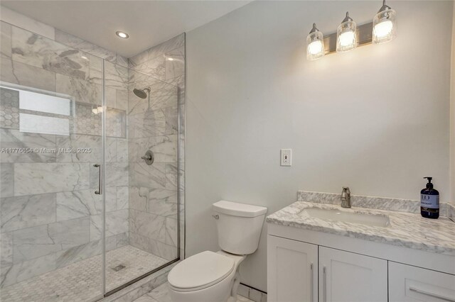 16395 SW 279th St, Homestead, FL 33031 - full bathroom featuring toilet, vanity, a shower stall, recessed lighting, and marble finish floors