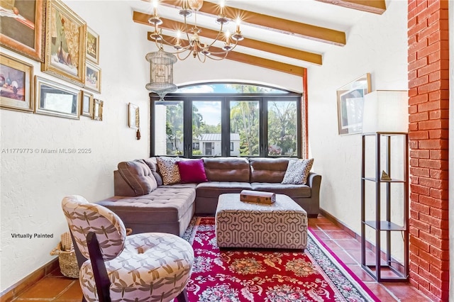 living room featuring a chandelier, tile patterned flooring, beamed ceiling, and baseboards