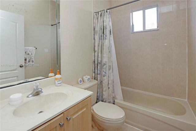 bathroom with toilet, shower / bathtub combination with curtain, and vanity