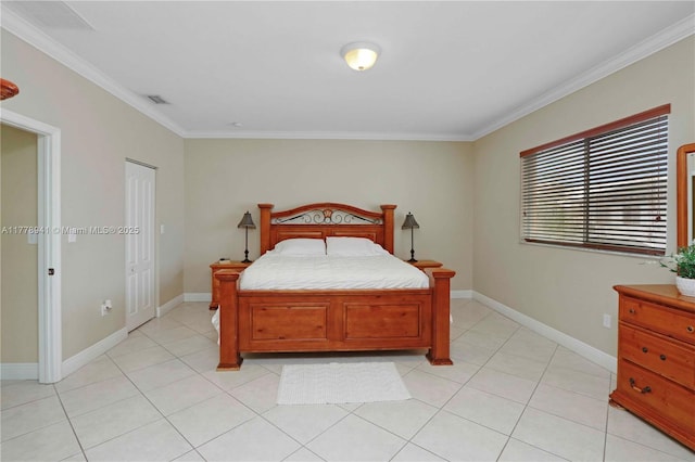 bedroom featuring crown molding, visible vents, baseboards, and light tile patterned flooring