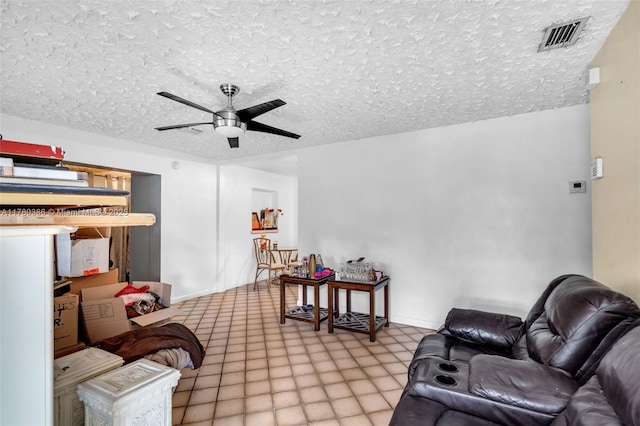 1271 NE 211th St, Miami, FL 33179 - living room featuring light floors, ceiling fan, a textured ceiling, and visible vents