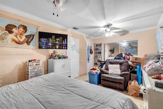 1271 NE 211th St, Miami, FL 33179 - bedroom with visible vents, a ceiling fan, crown molding, and tile patterned flooring