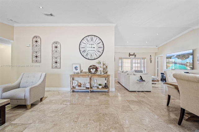 3663 SW 150th Ct, Miami, FL 33185 - living room featuring ornamental molding, vaulted ceiling, and recessed lighting