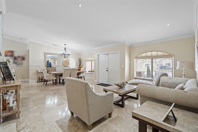 3663 SW 150th Ct, Miami, FL 33185 - living area with crown molding, healthy amount of natural light, a chandelier, lofted ceiling, and recessed lighting
