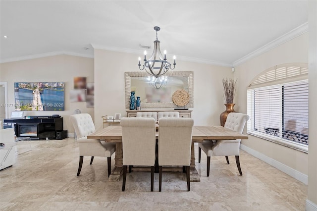3663 SW 150th Ct, Miami, FL 33185 - dining space featuring a chandelier, ornamental molding, and lofted ceiling
