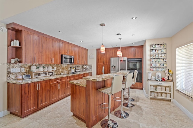 3663 SW 150th Ct, Miami, FL 33185 - kitchen with black appliances, open shelves, brown cabinets, tasteful backsplash, and a kitchen island