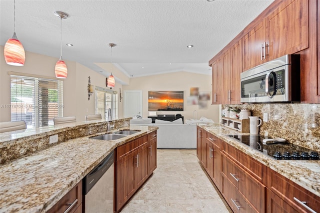 3663 SW 150th Ct, Miami, FL 33185 - kitchen featuring stainless steel appliances, vaulted ceiling, plenty of natural light, backsplash, and decorative light fixtures
