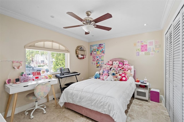 3663 SW 150th Ct, Miami, FL 33185 - bedroom with crown molding, a closet, and ceiling fan