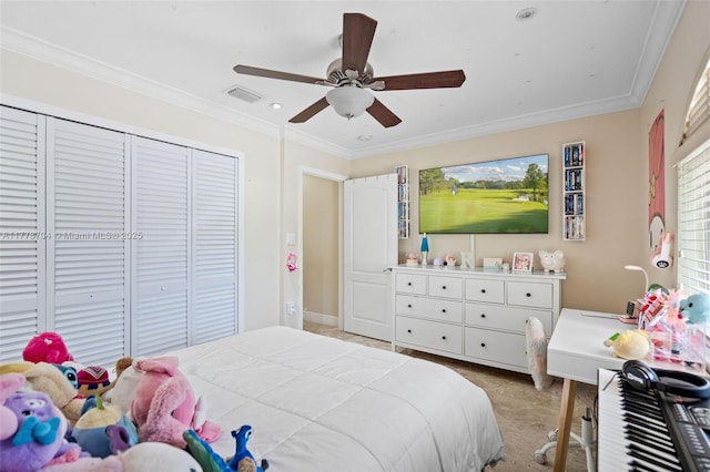 3663 SW 150th Ct, Miami, FL 33185 - bedroom with light carpet, ornamental molding, a closet, ceiling fan, and recessed lighting