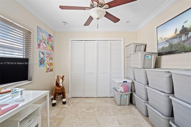 3663 SW 150th Ct, Miami, FL 33185 - bedroom featuring ornamental molding, a closet, and a ceiling fan