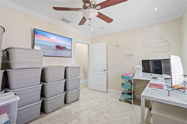 3663 SW 150th Ct, Miami, FL 33185 - home office featuring ornamental molding and a ceiling fan